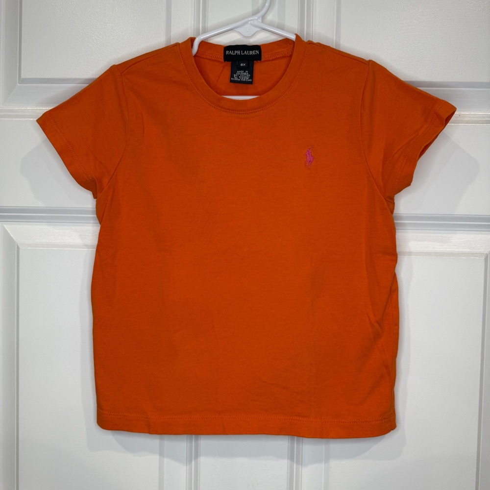 Ralph Lauren Girls Orange Short Sleeve Polo Pony Logo Tee Shirt Size 6X